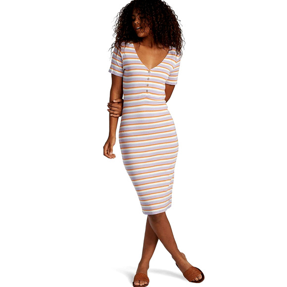 Roxy L Bring it On Multistriped V-Neck Short Sleeve Midi Dress Violet Large - Picture 1 of 8